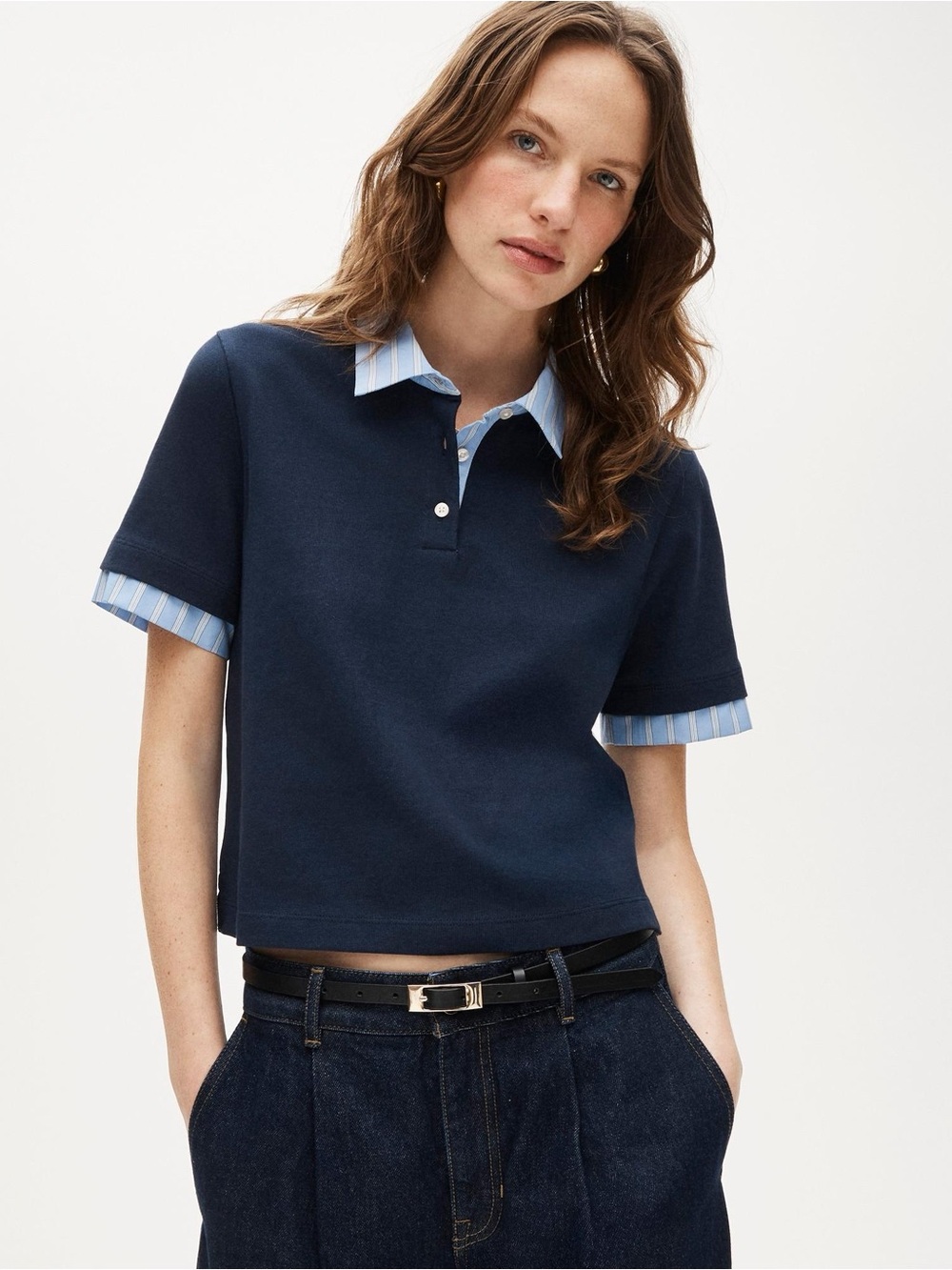 J. Crew Navy Polo Top with Light Blue Stripe Collar